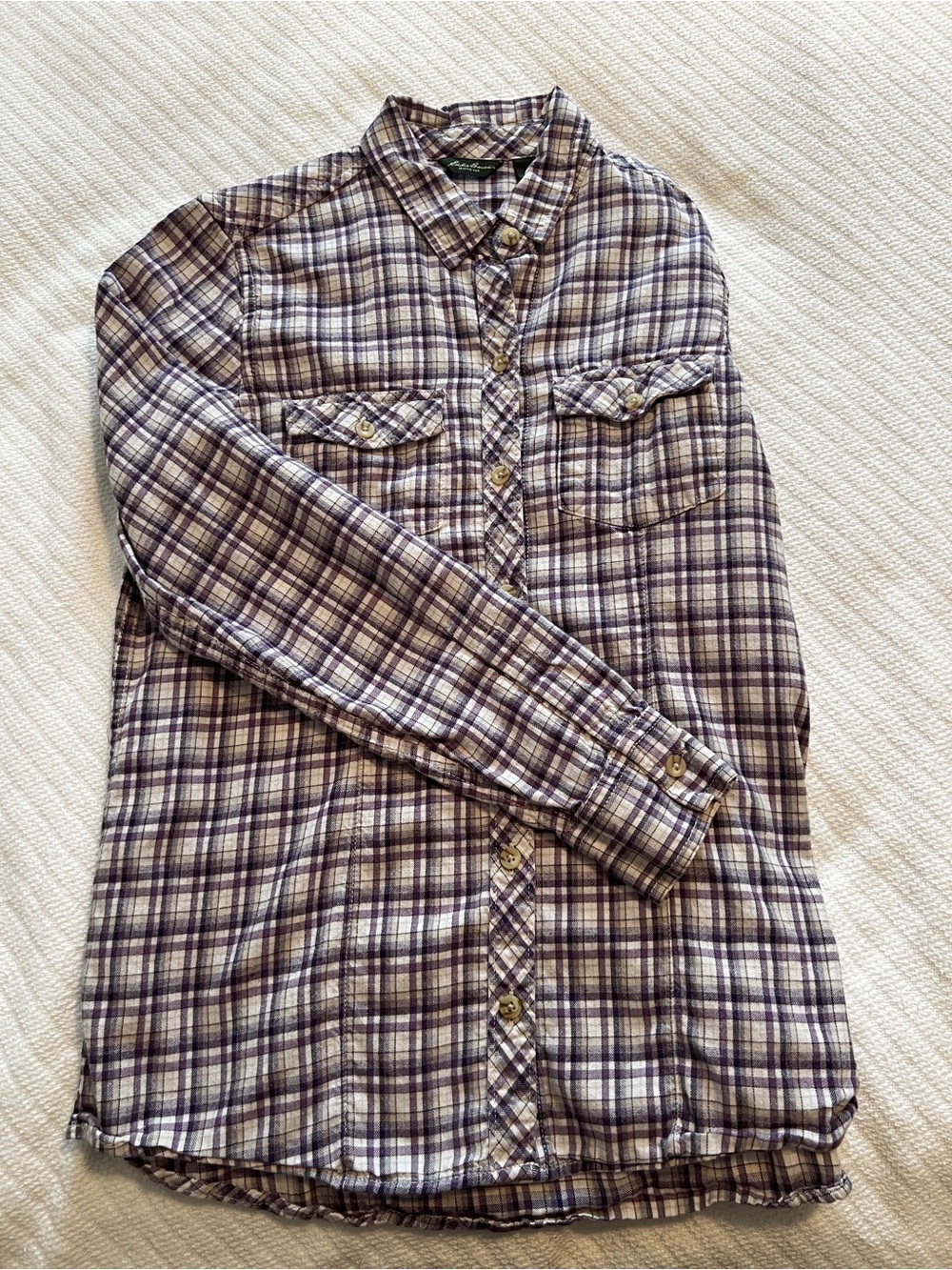 Eddie Bauer Women’s Plaid Button-Up Flannel Shirt - Purple & Cream